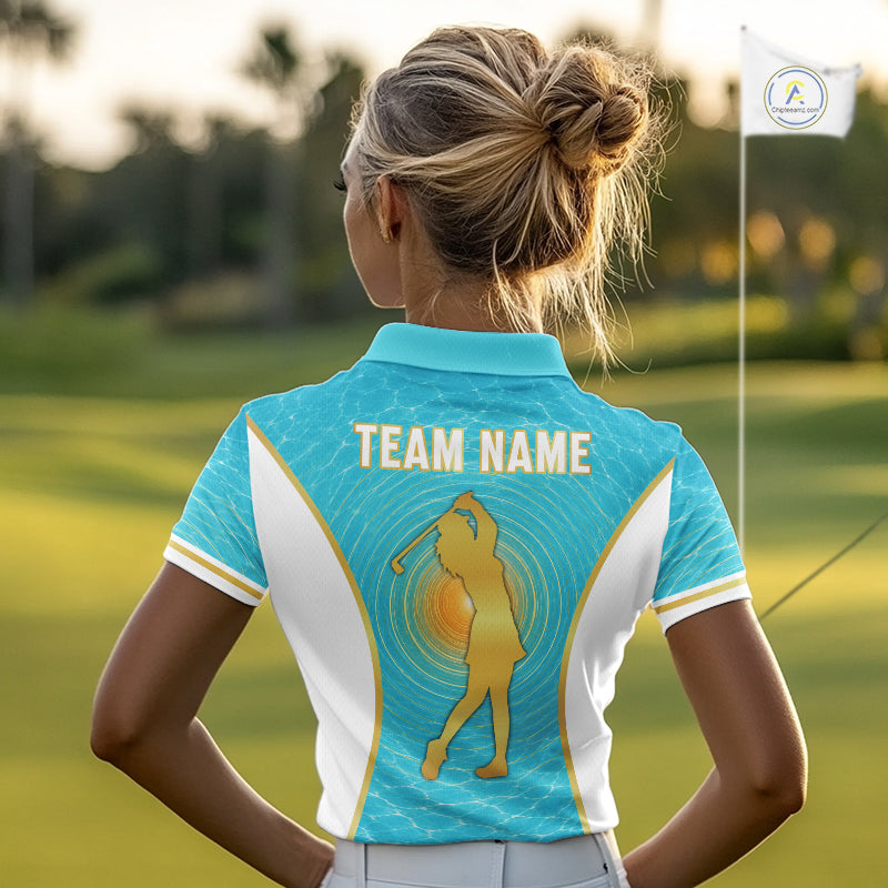 White, Gold And Blue Ocean Golf Polo Shirts Custom Summer Golf Team Jersey, Golf Gifts