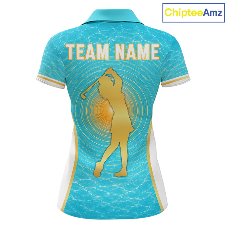 White, Gold And Blue Ocean Golf Polo Shirts Custom Summer Golf Team Jersey, Golf Gifts