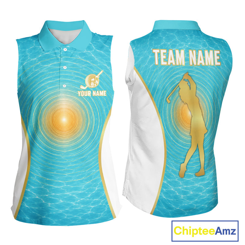 White, Gold And Blue Ocean Golf Sleeveless Polo Shirts Custom Summer Golf Team Jersey, Golf Gifts