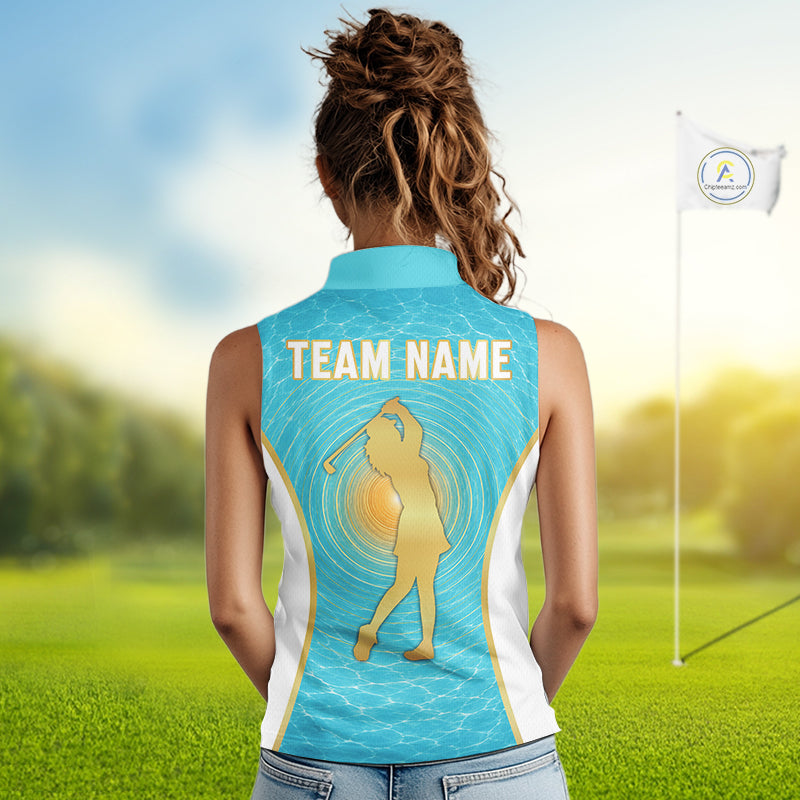 White, Gold And Blue Ocean Golf Sleeveless Polo Shirts Custom Summer Golf Team Jersey, Golf Gifts