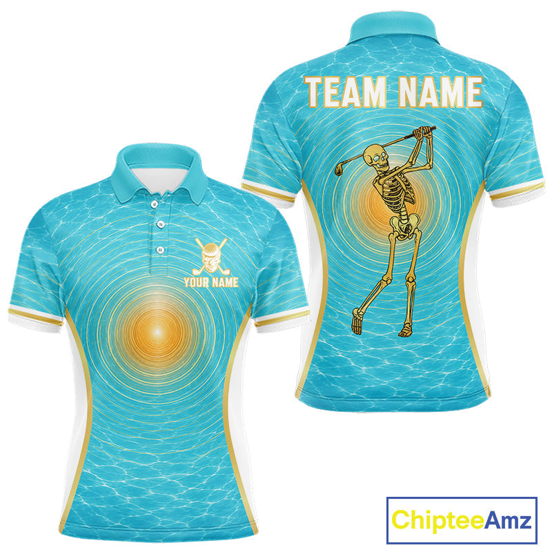 White, Gold & Blue Ocean Skeleton Golf Polo Shirts Custom Skull Golf Team Jersey, Golf Gifts