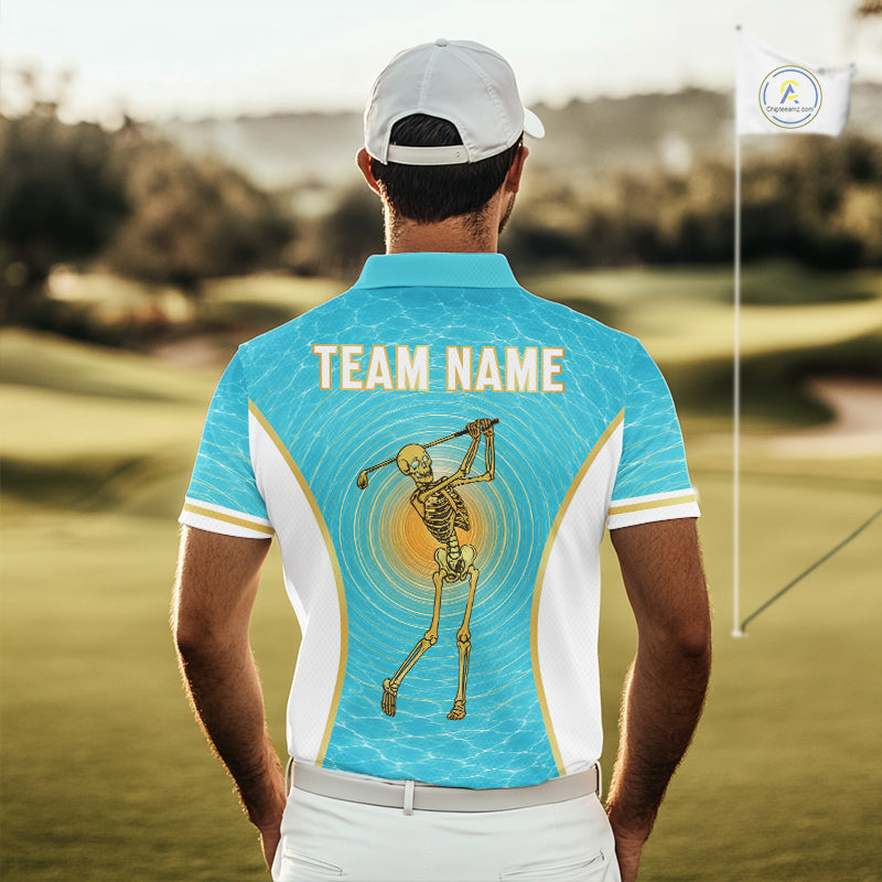 White, Gold & Blue Ocean Skeleton Golf Polo Shirts Custom Skull Golf Team Jersey, Golf Gifts