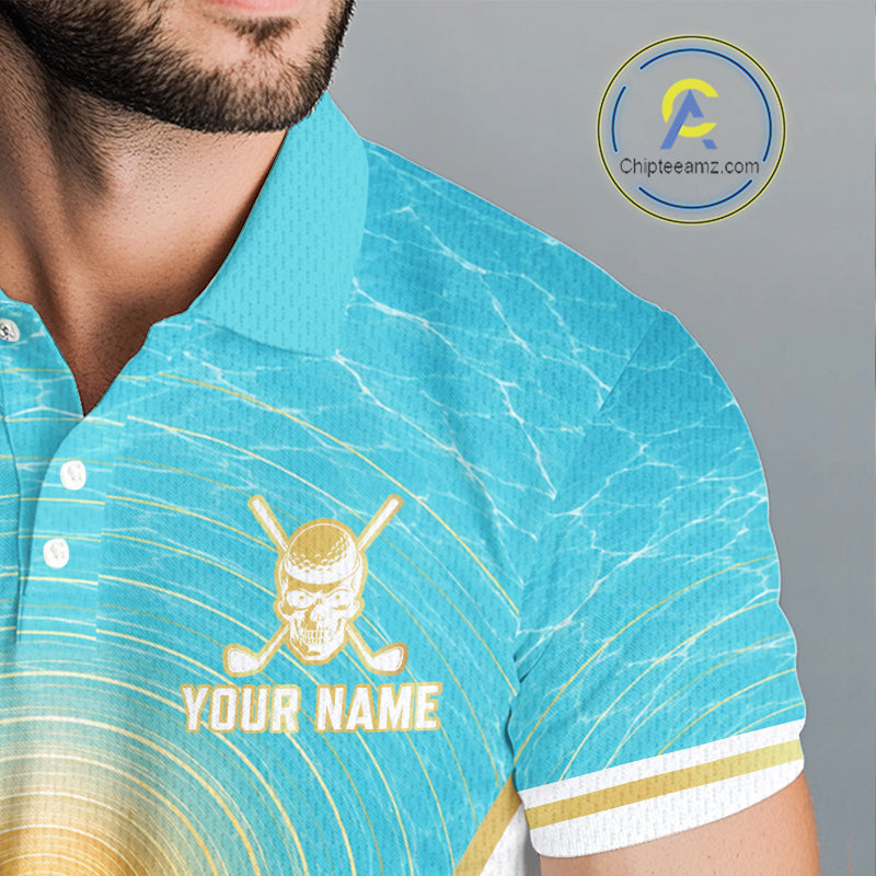 White, Gold & Blue Ocean Skeleton Golf Polo Shirts Custom Skull Golf Team Jersey, Golf Gifts