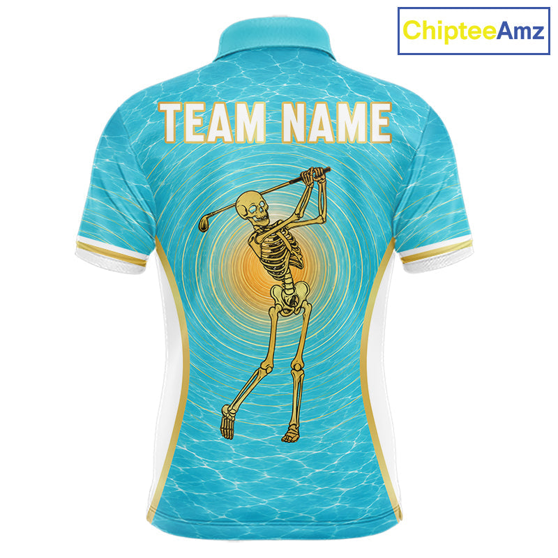White, Gold & Blue Ocean Skeleton Golf Polo Shirts Custom Skull Golf Team Jersey, Golf Gifts