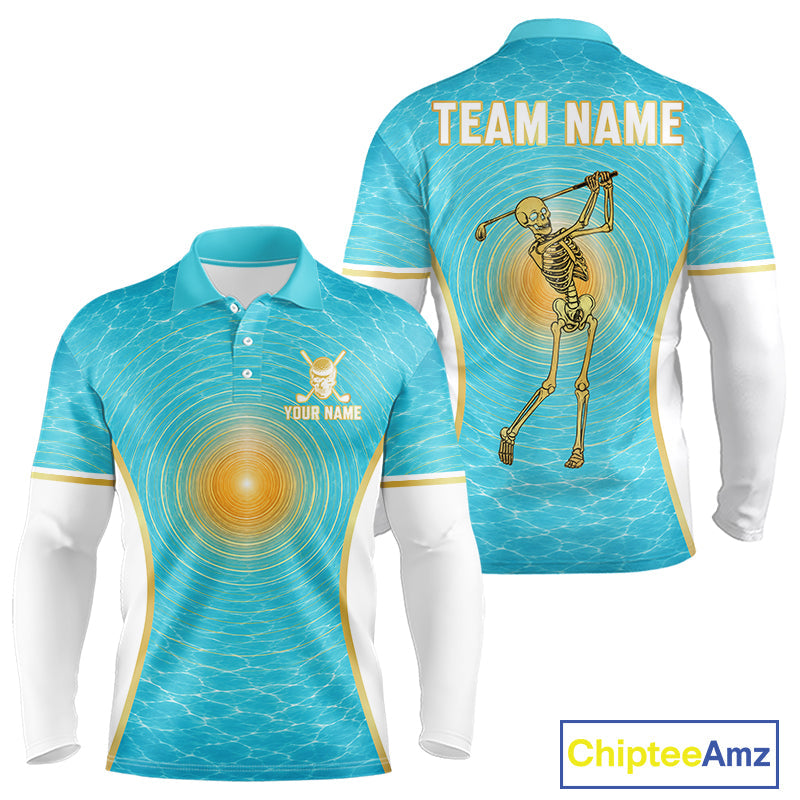 White, Gold & Blue Ocean Skeleton Golf Polo Shirts Custom Skull Golf Team Jersey, Golf Gifts