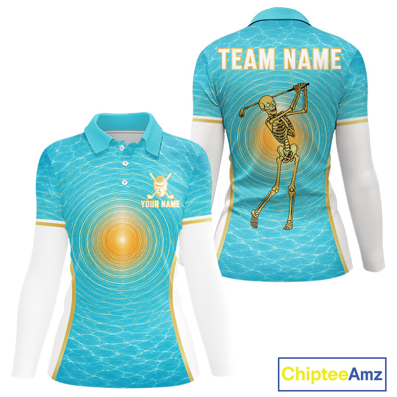 White, Gold & Blue Ocean Skeleton Golf Polo Shirts Custom Skull Golf Team Jersey, Golf Gifts