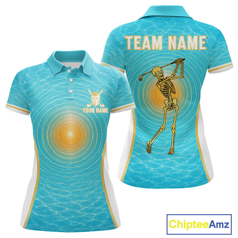 White, Gold & Blue Ocean Skeleton Golf Polo Shirts Custom Skull Golf Team Jersey, Golf Gifts