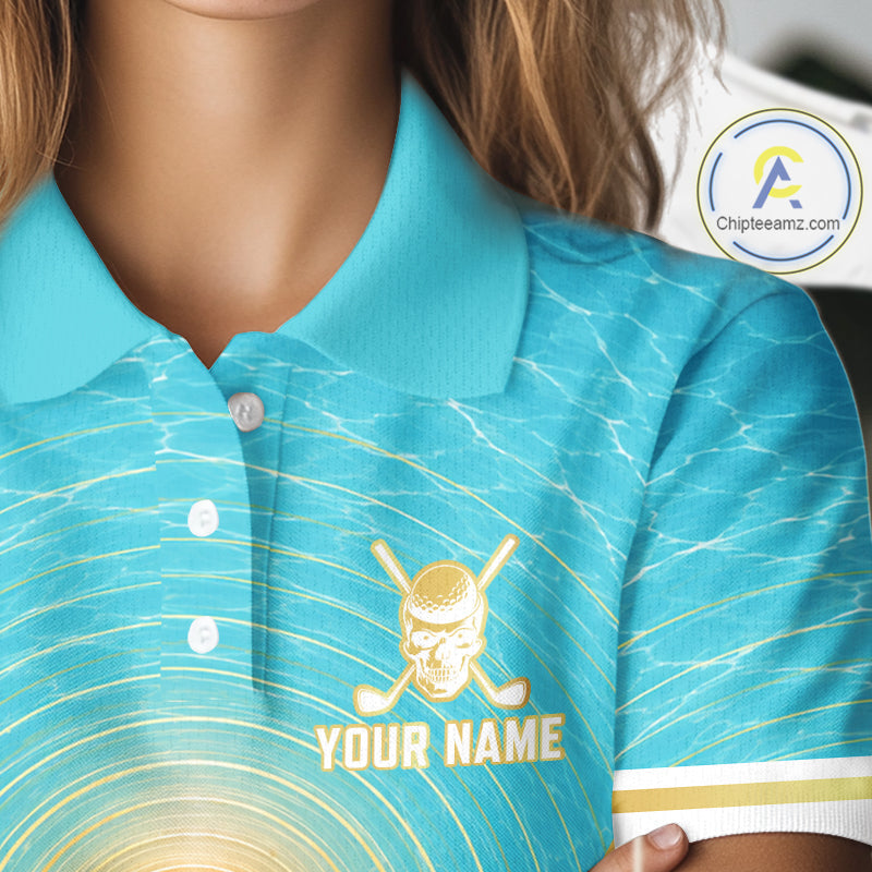 White, Gold & Blue Ocean Skeleton Golf Polo Shirts Custom Skull Golf Team Jersey, Golf Gifts