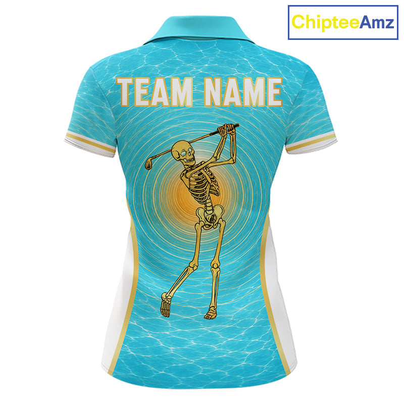 White, Gold & Blue Ocean Skeleton Golf Polo Shirts Custom Skull Golf Team Jersey, Golf Gifts