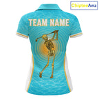 White, Gold & Blue Ocean Skeleton Golf Polo Shirts Custom Skull Golf Team Jersey, Golf Gifts