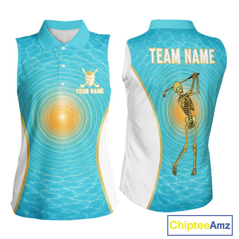 White, Gold & Blue Ocean Skeleton Golf Sleeveless Polo Shirts Custom Skull Golf Team Jersey, Golf Gifts