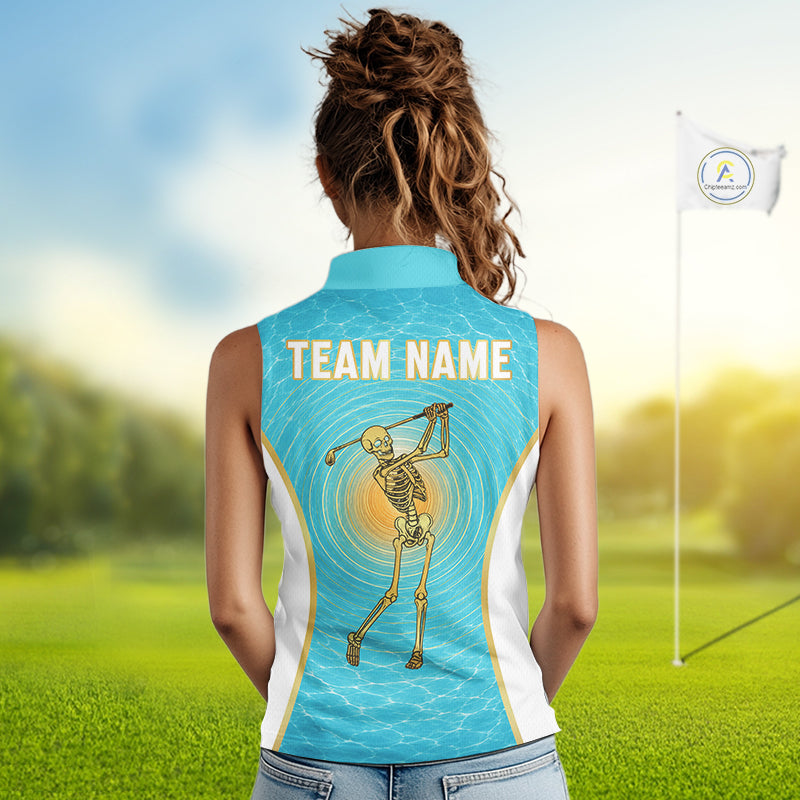 White, Gold & Blue Ocean Skeleton Golf Sleeveless Polo Shirts Custom Skull Golf Team Jersey, Golf Gifts