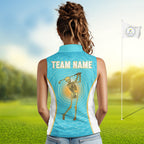 White, Gold & Blue Ocean Skeleton Golf Sleeveless Polo Shirts Custom Skull Golf Team Jersey, Golf Gifts