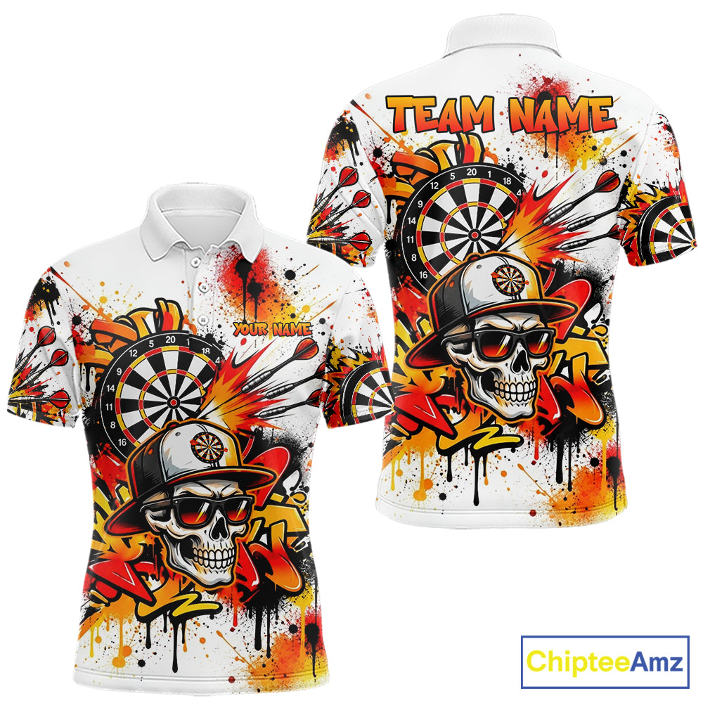 Splatter Skull Darts Polo 1/4-Zip Shirt White And Orange Graffiti Darts Team Apparel Jersey