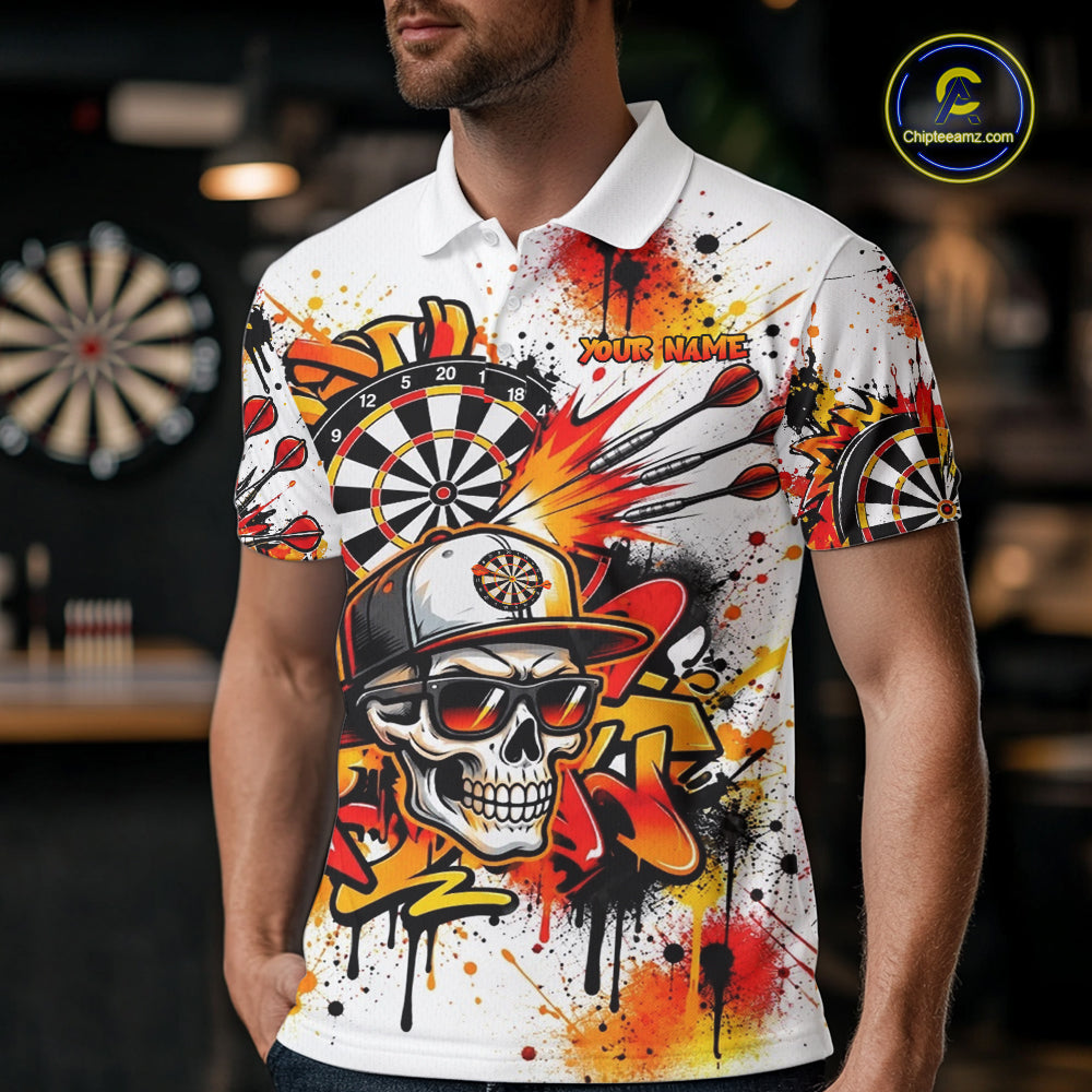 Splatter Skull Darts Polo 1/4-Zip Shirt White And Orange Graffiti Darts Team Apparel Jersey