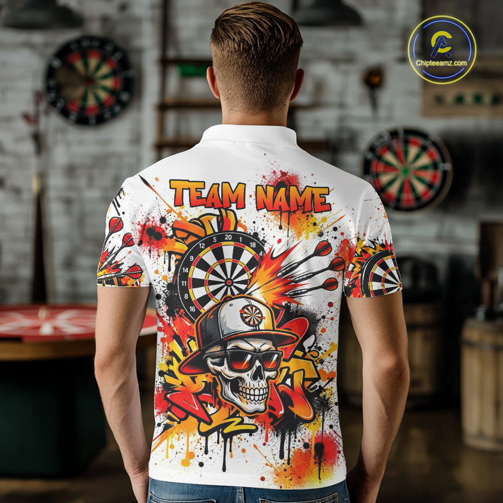 Splatter Skull Darts Polo 1/4-Zip Shirt White And Orange Graffiti Darts Team Apparel Jersey