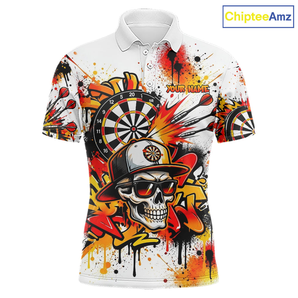 Splatter Skull Darts Polo 1/4-Zip Shirt White And Orange Graffiti Darts Team Apparel Jersey
