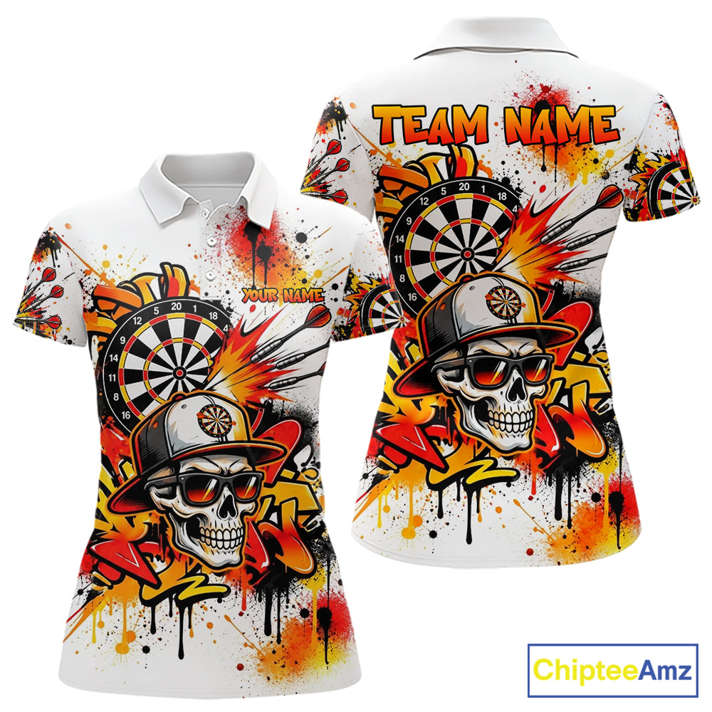 Splatter Skull Darts Polo 1/4-Zip Shirt White And Orange Graffiti Darts Team Apparel Jersey