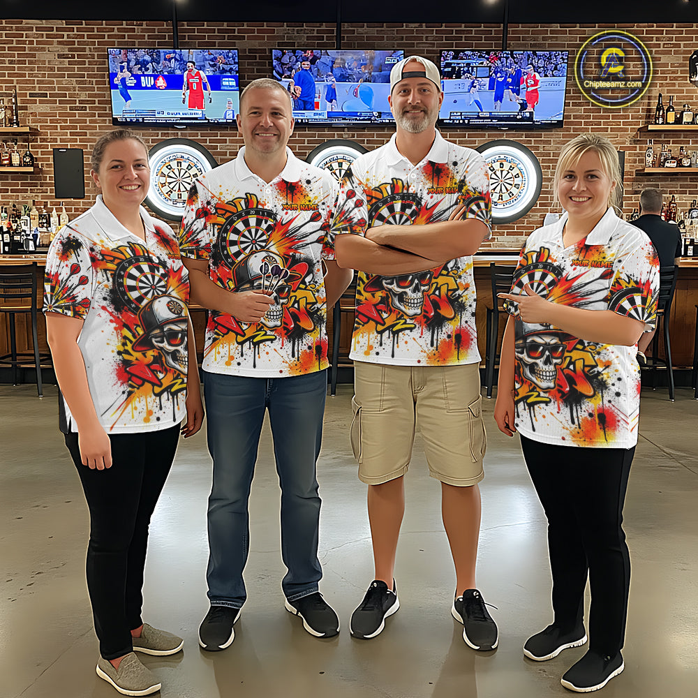 Splatter Skull Darts Polo 1/4-Zip Shirt White And Orange Graffiti Darts Team Apparel Jersey