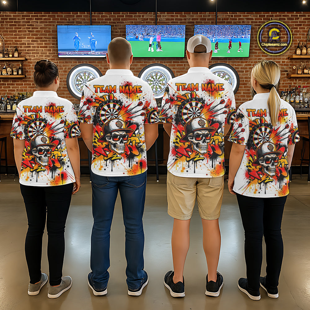 Splatter Skull Darts Polo 1/4-Zip Shirt White And Orange Graffiti Darts Team Apparel Jersey