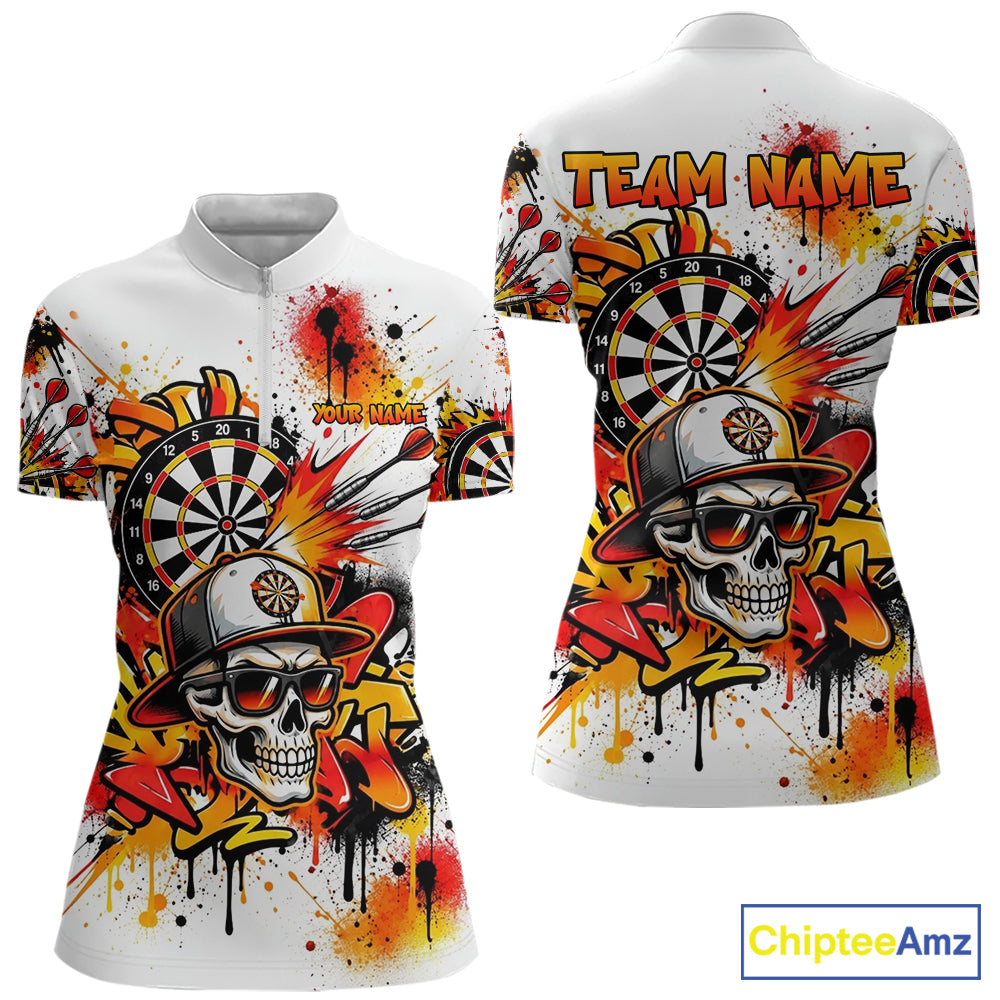 Splatter Skull Darts Polo 1/4-Zip Shirt White And Orange Graffiti Darts Team Apparel Jersey