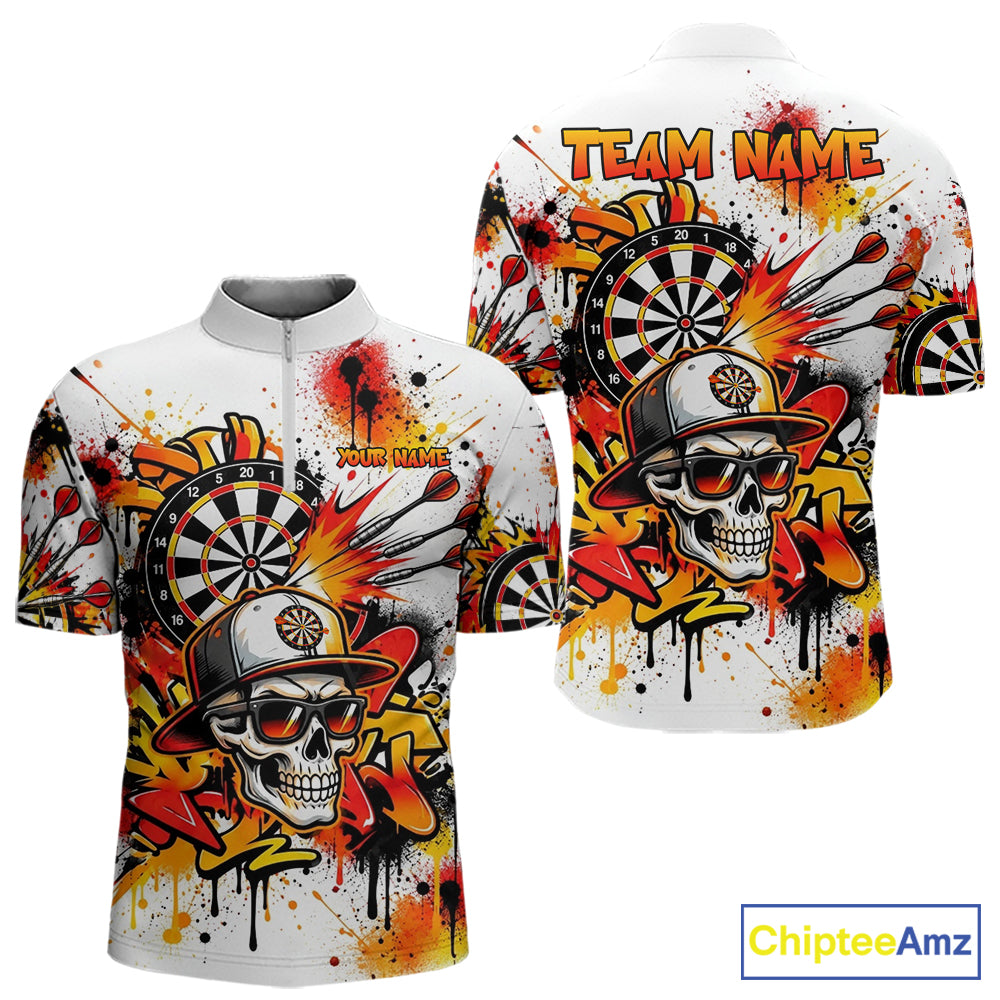 Splatter Skull Darts Polo 1/4-Zip Shirt White And Orange Graffiti Darts Team Apparel Jersey