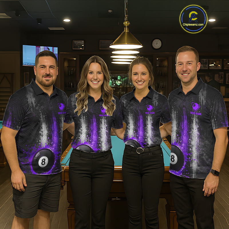 White And Purple Splatter 8 Ball Billiard Shirt Custom Splash Pool Team Billiard Jerseys