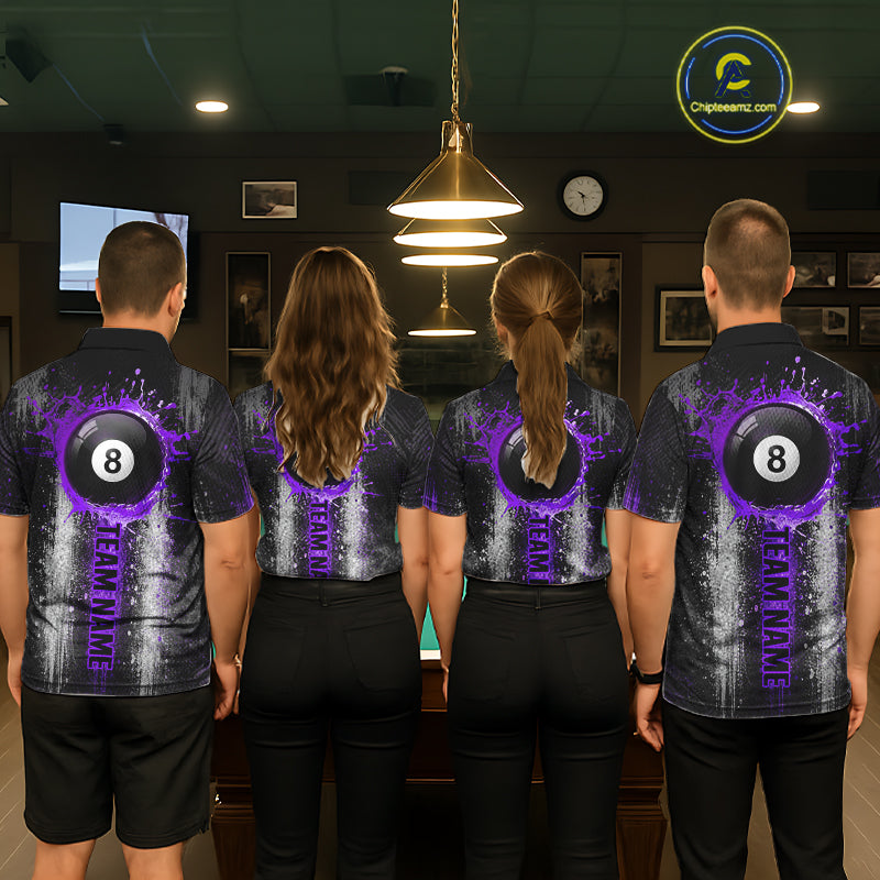 White And Purple Splatter 8 Ball Billiard Shirt Custom Splash Pool Team Billiard Jerseys