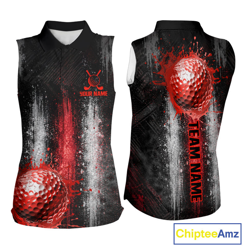 White And Red Splatter Golf Ball Sleeveless Polo Shirts Custom Splash Golf Team Jersey, Golf Gifts