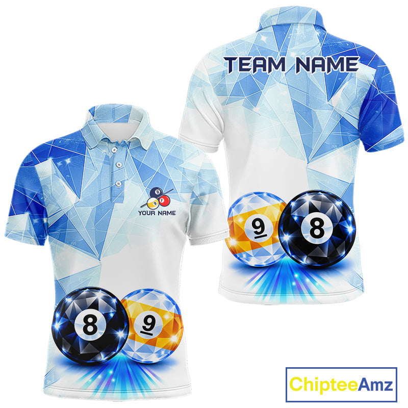 Crystal 8 Ball 9 Ball Pool Jersey Custom Geometric Diamond Blue Billiard Polo 1/4-Zip Shirt