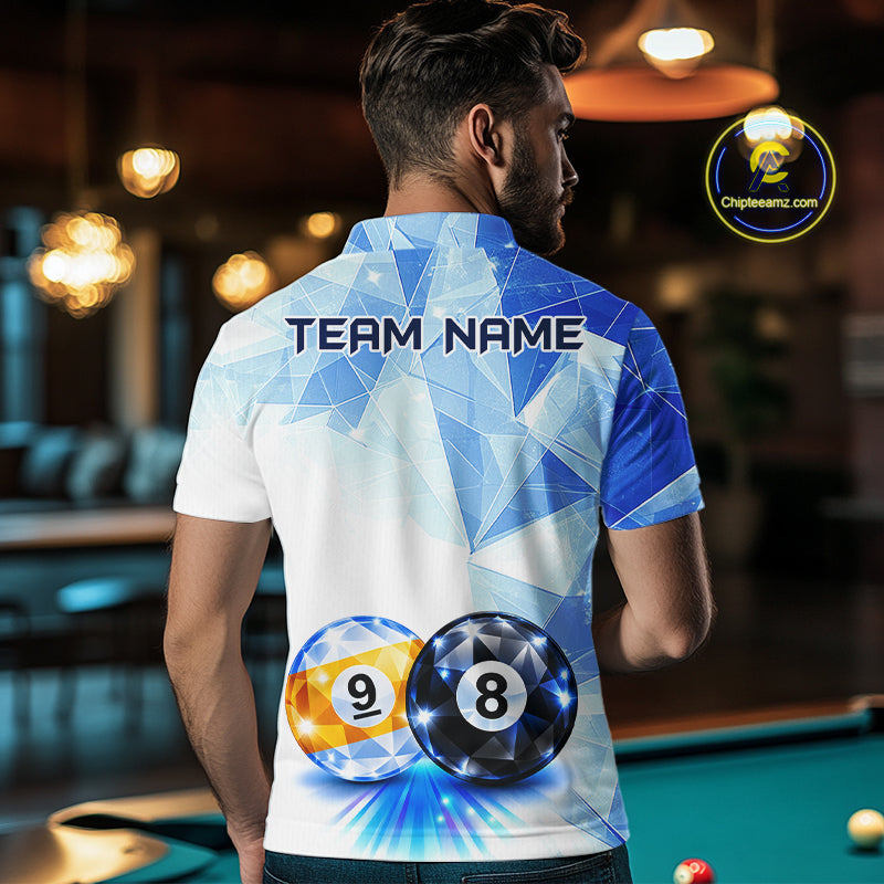 Crystal 8 Ball 9 Ball Pool Jersey Custom Geometric Diamond Blue Billiard Polo 1/4-Zip Shirt