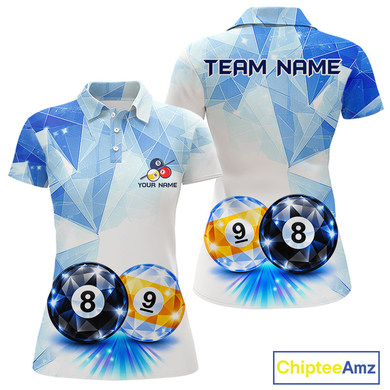 Crystal 8 Ball 9 Ball Pool Jersey Custom Geometric Diamond Blue Billiard Polo 1/4-Zip Shirt