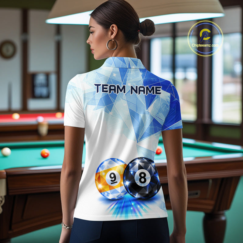Crystal 8 Ball 9 Ball Pool Jersey Custom Geometric Diamond Blue Billiard Polo 1/4-Zip Shirt