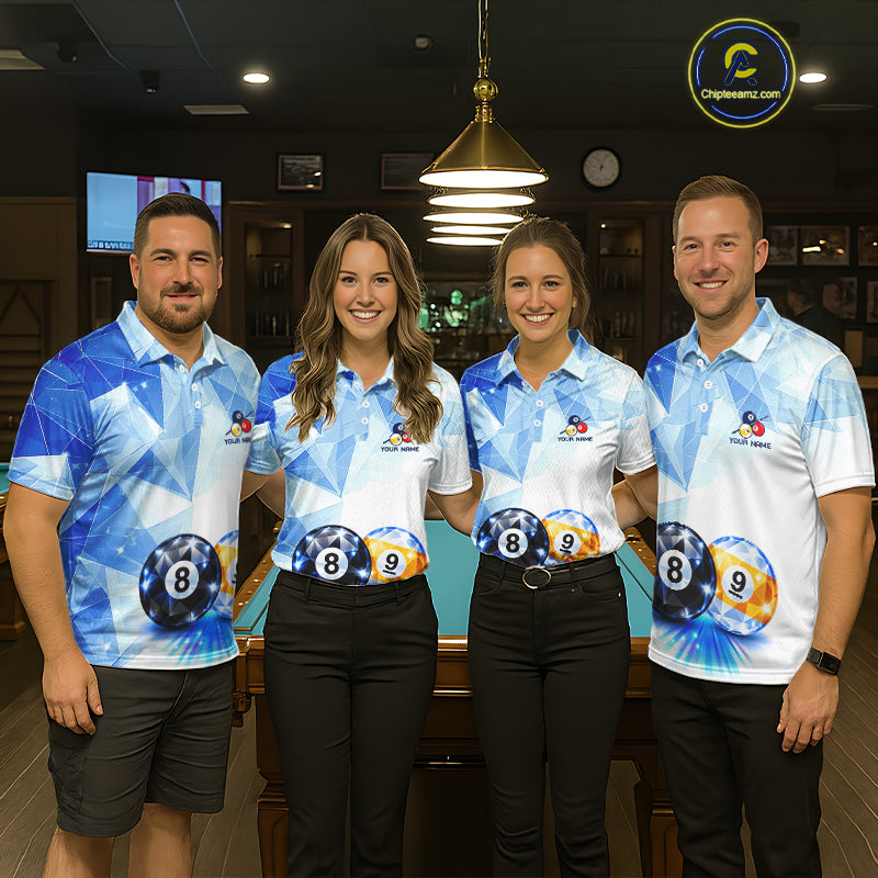 Crystal 8 Ball 9 Ball Pool Jersey Custom Geometric Diamond Blue Billiard Polo 1/4-Zip Shirt
