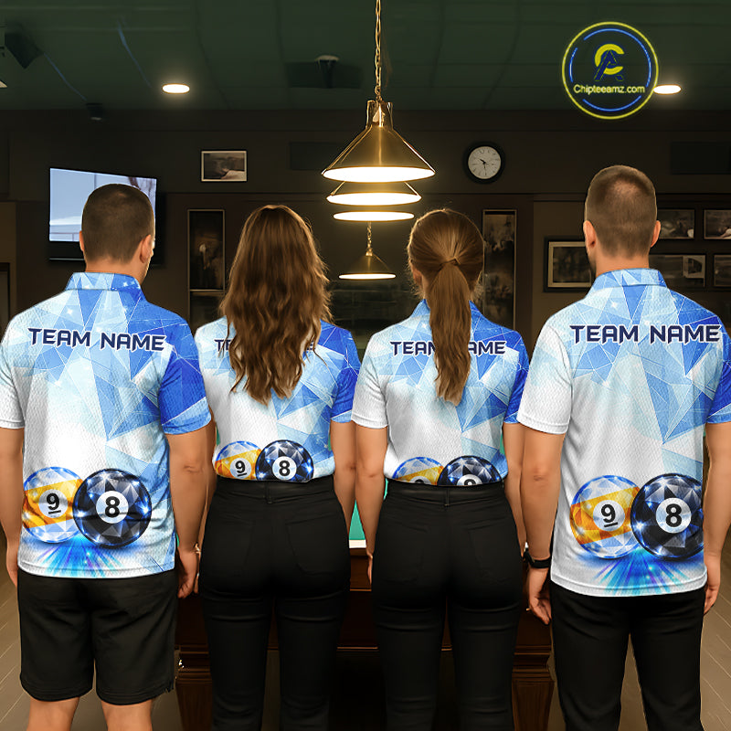 Crystal 8 Ball 9 Ball Pool Jersey Custom Geometric Diamond Blue Billiard Polo 1/4-Zip Shirt