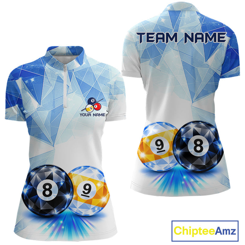 Crystal 8 Ball 9 Ball Pool Jersey Custom Geometric Diamond Blue Billiard Polo 1/4-Zip Shirt