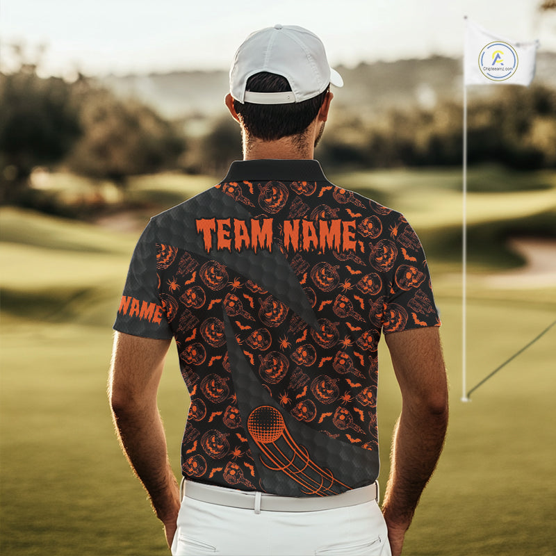 Halloween Golf Polo Shirt Custom Pumpkin Face Pattern Black Golf Shirts Golf Gifts