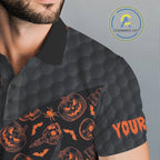 Halloween Golf Polo Shirt Custom Pumpkin Face Pattern Black Golf Shirts Golf Gifts
