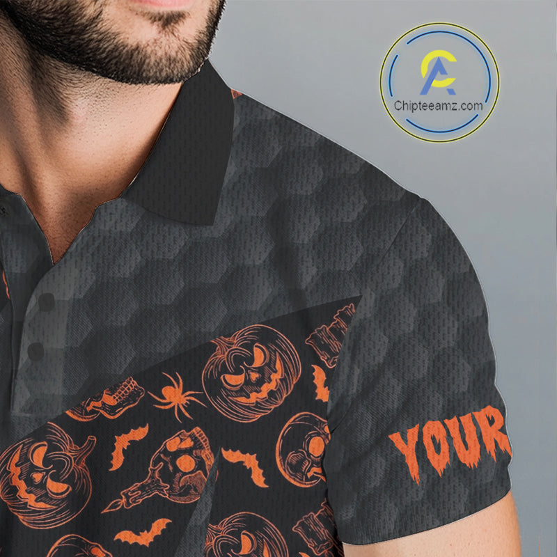 Halloween Golf Polo Shirt Custom Pumpkin Face Pattern Black Golf Shirts Golf Gifts