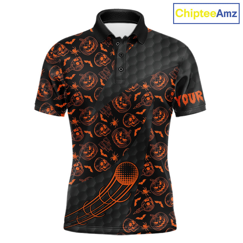 Halloween Golf Polo Shirt Custom Pumpkin Face Pattern Black Golf Shirts Golf Gifts