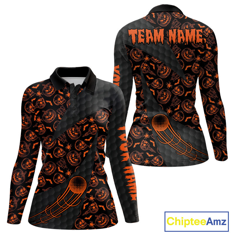 Halloween Golf Polo Shirt Custom Pumpkin Face Pattern Black Golf Shirts Golf Gifts