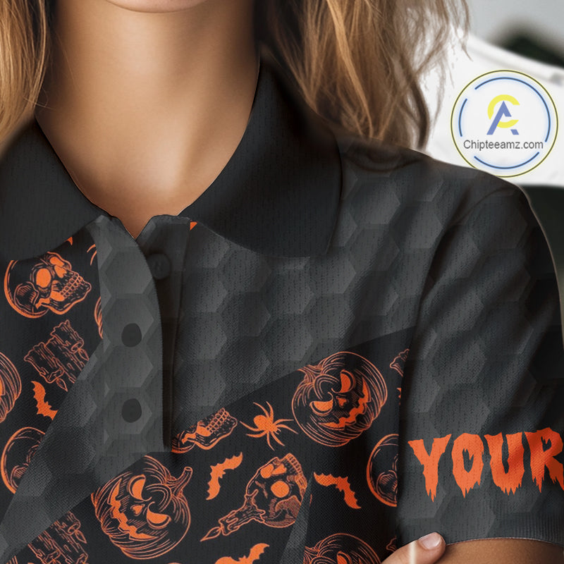 Halloween Golf Polo Shirt Custom Pumpkin Face Pattern Black Golf Shirts Golf Gifts