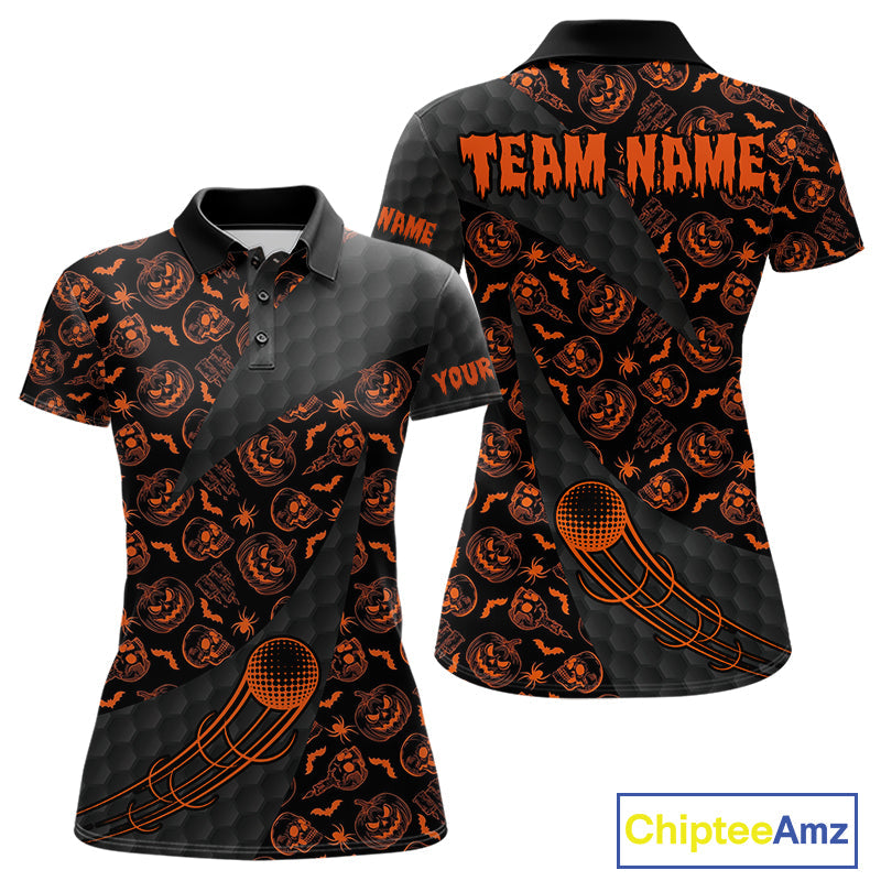 Halloween Golf Polo Shirt Custom Pumpkin Face Pattern Black Golf Shirts Golf Gifts