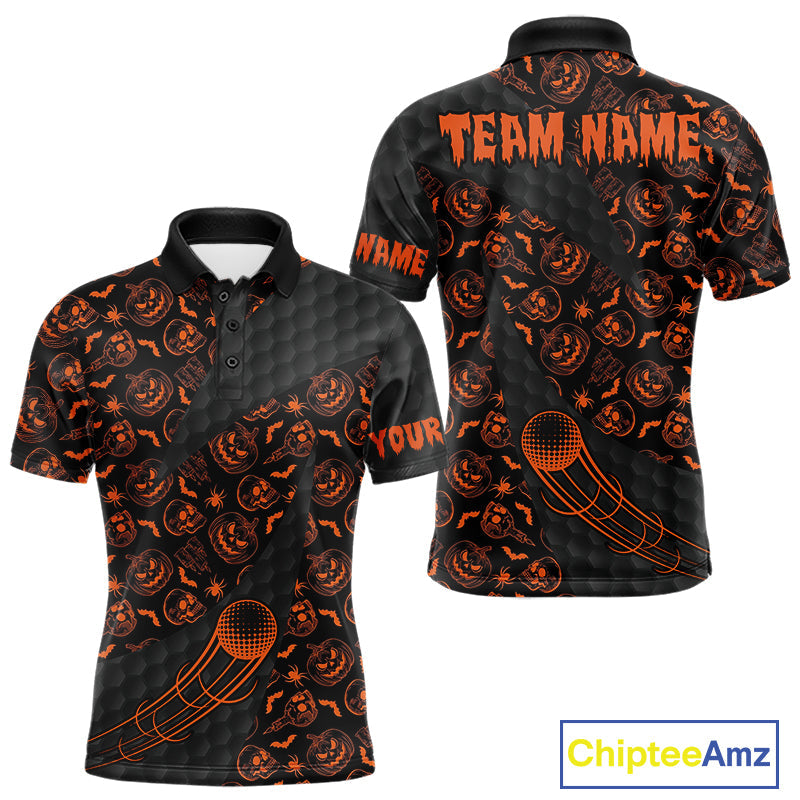 Halloween Golf Polo Shirt Custom Pumpkin Face Pattern Black Golf Shirts Golf Gifts