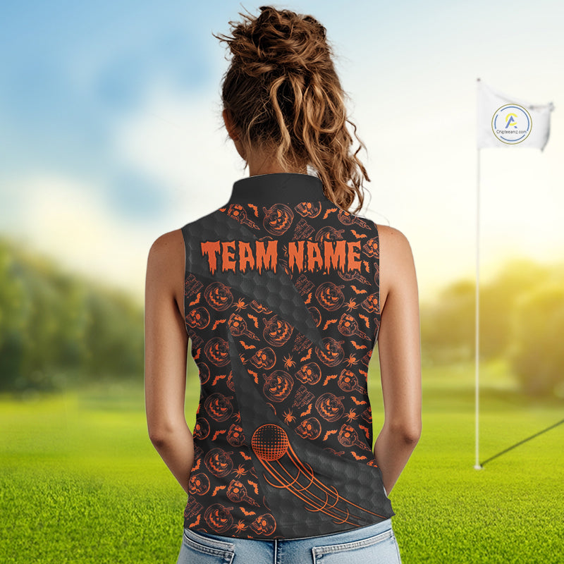 Halloween Golf Sleeveless Polo Shirt Custom Pumpkin Face Pattern Black Golf Shirts Golf Gifts