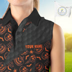 Halloween Golf Sleeveless Polo Shirt Custom Pumpkin Face Pattern Black Golf Shirts Golf Gifts