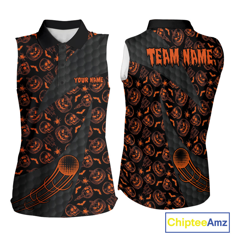 Halloween Golf Sleeveless Polo Shirt Custom Pumpkin Face Pattern Black Golf Shirts Golf Gifts