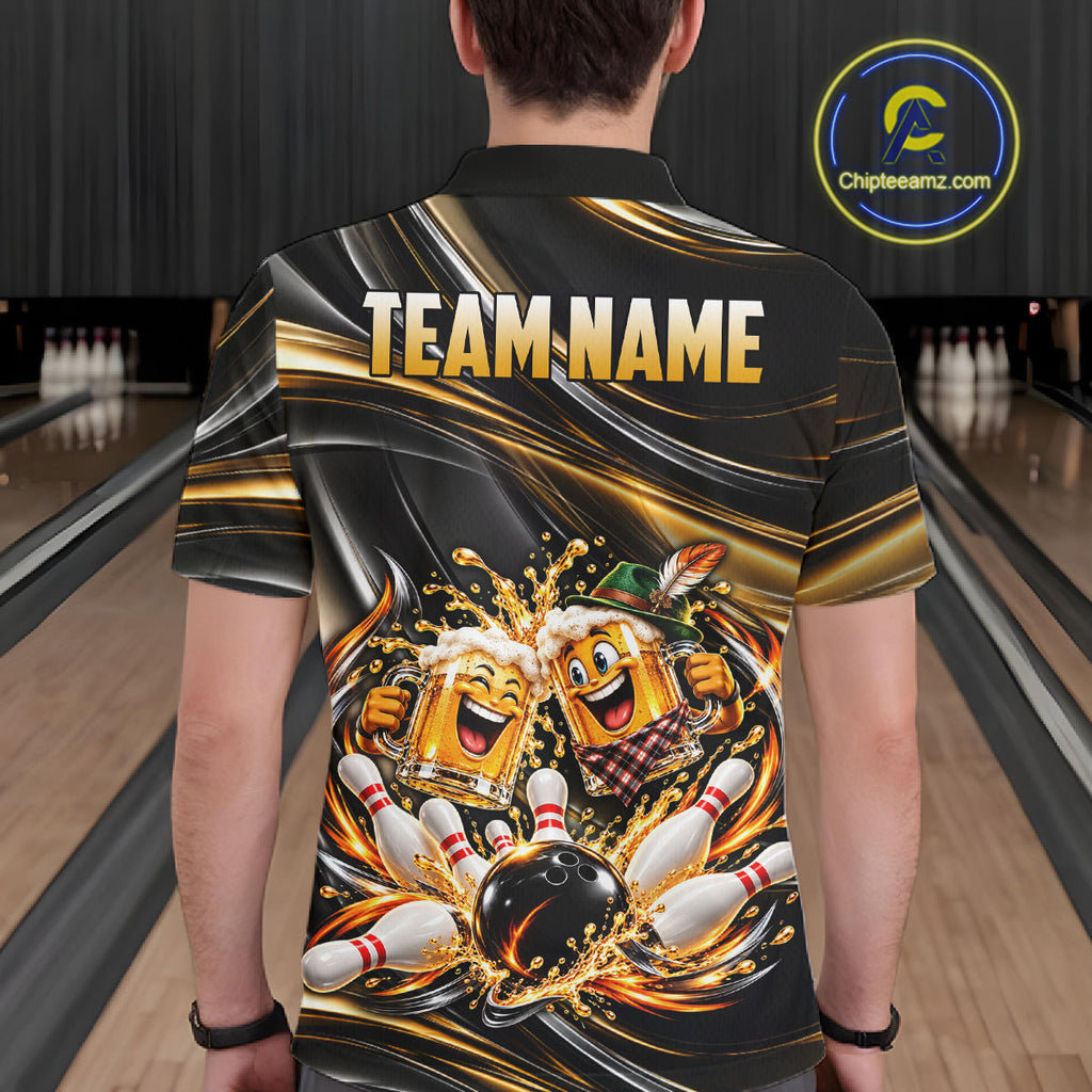 Gold Strikes Beer Mugs Bowling Polo 1/4-Zip Custom Funny Bowling Beer Team Jersey Lover Gifts