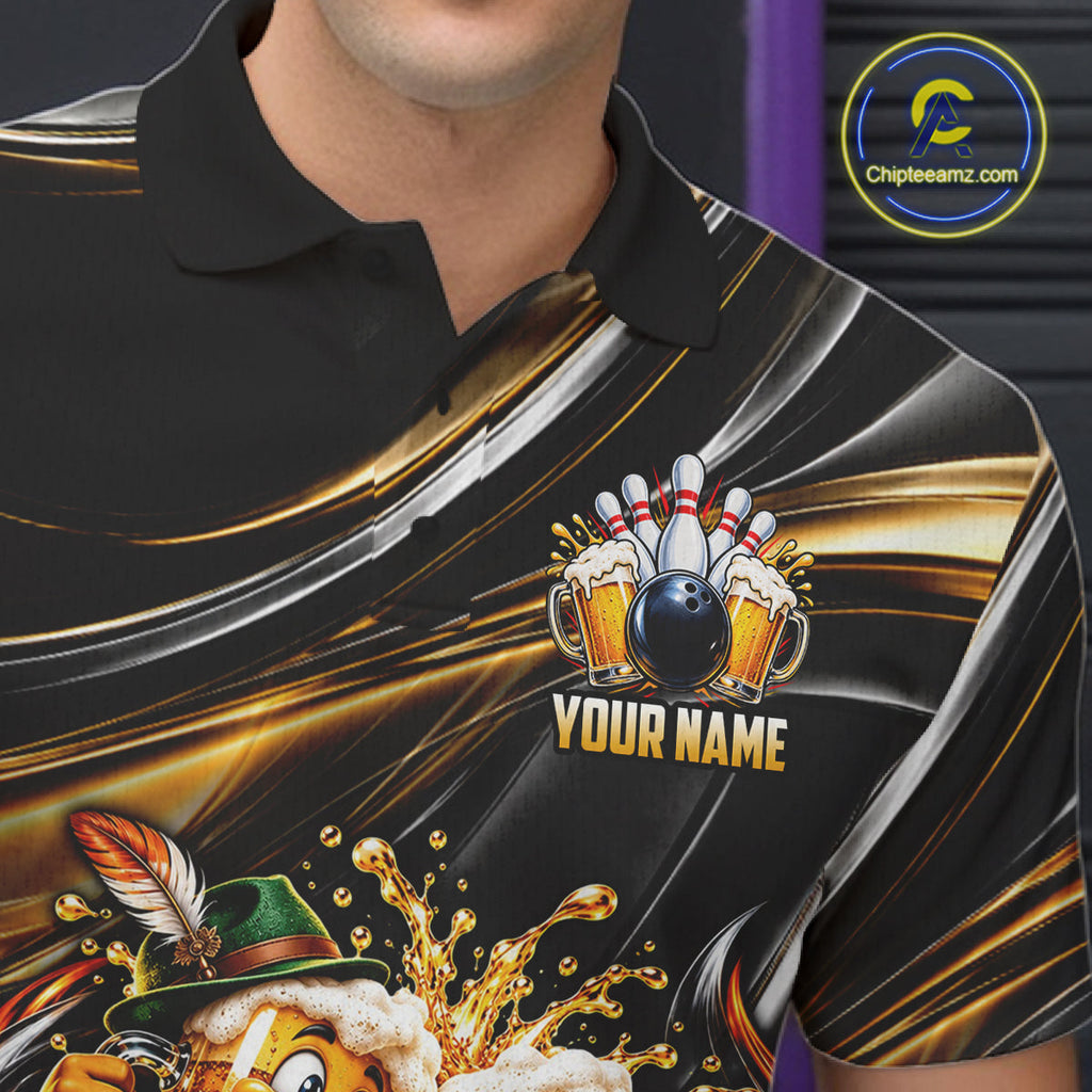 Gold Strikes Beer Mugs Bowling Polo 1/4-Zip Custom Funny Bowling Beer Team Jersey Lover Gifts