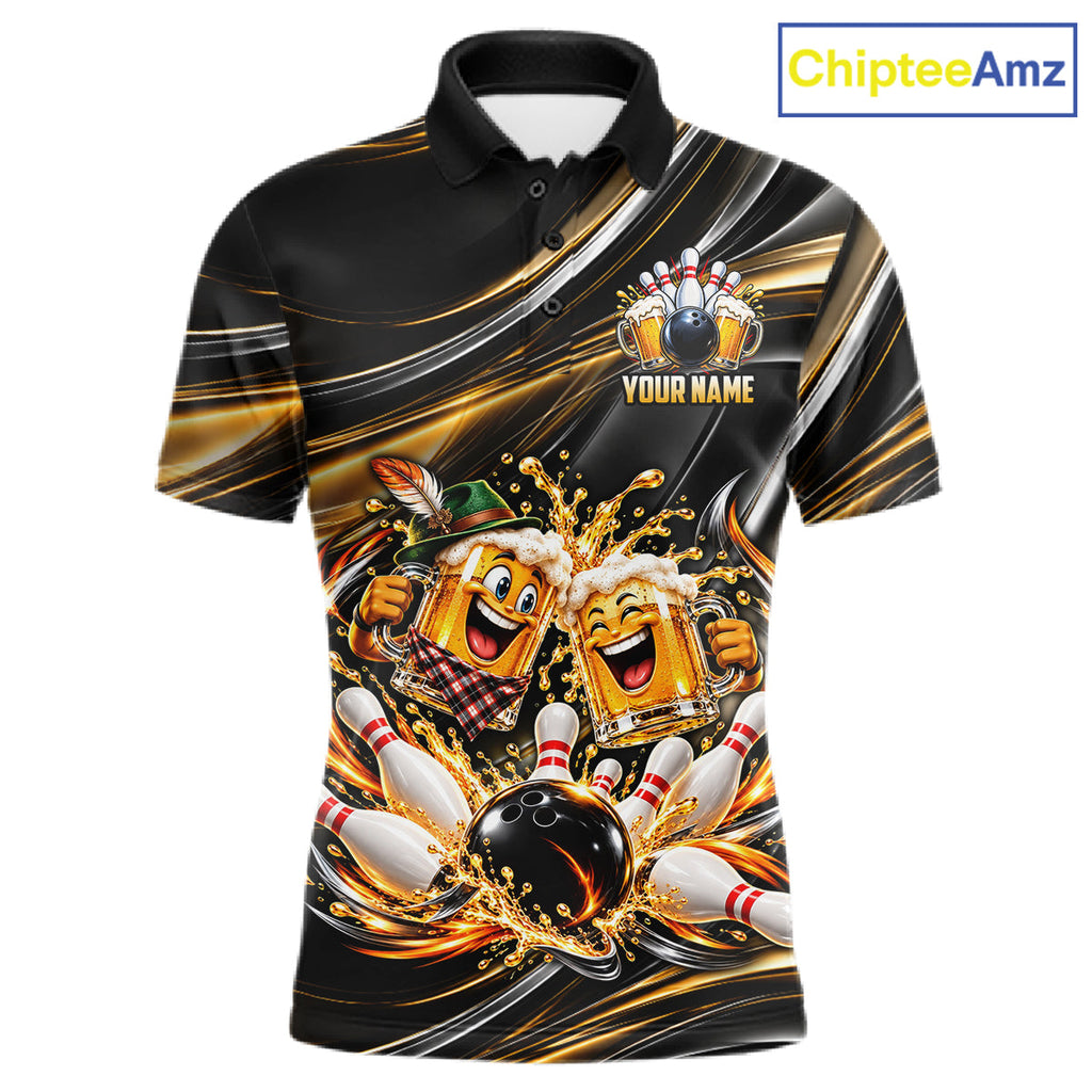 Gold Strikes Beer Mugs Bowling Polo 1/4-Zip Custom Funny Bowling Beer Team Jersey Lover Gifts